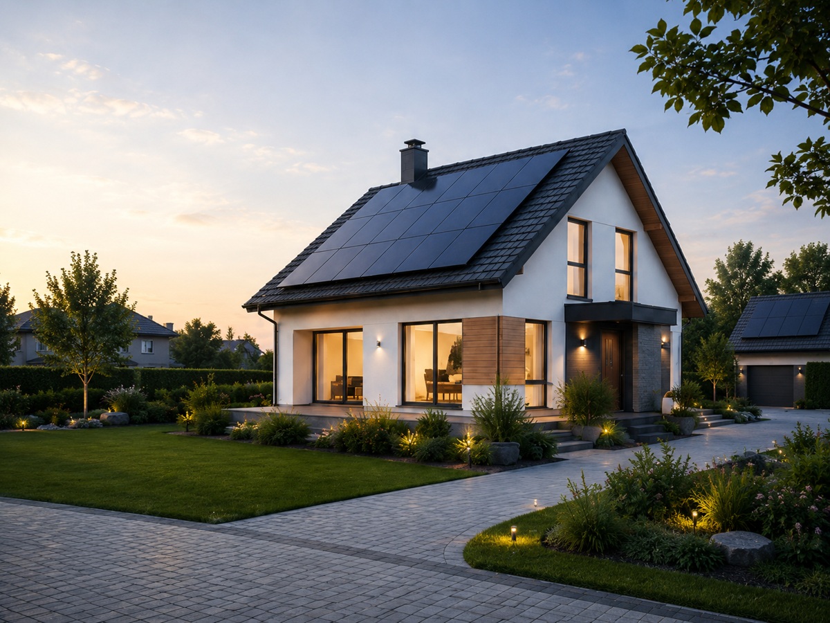 Modern home with rooftop solar panels